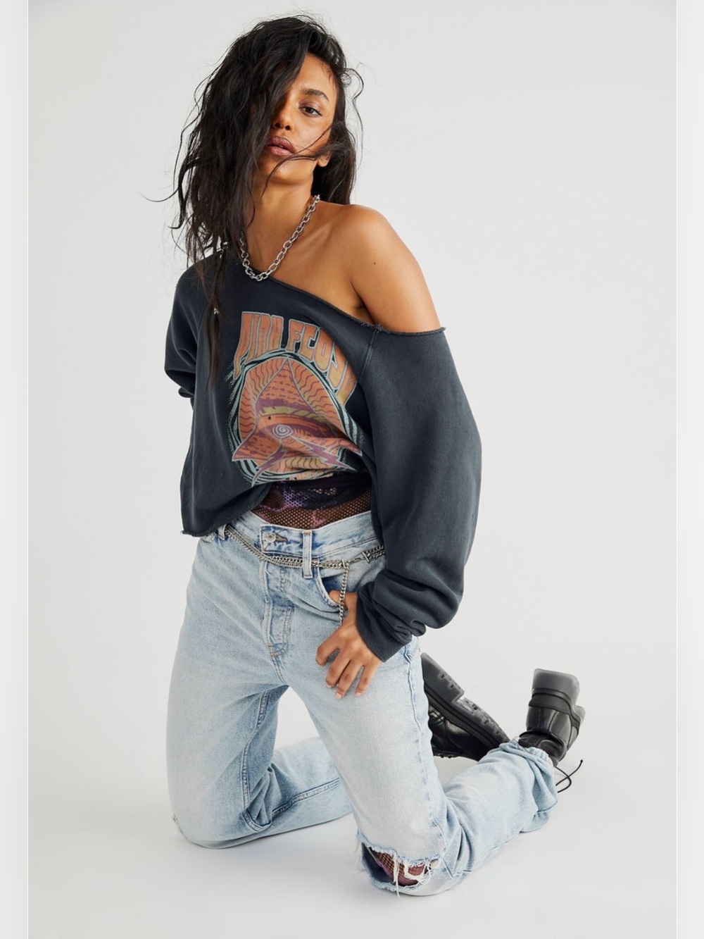 Free People Retrobrand Pink Floyd off shoulder Black Graphic Pullover Jacket